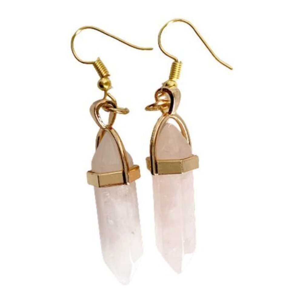 NEW Natural Pink Rose Quartz Healing Dangle Earrings Gold